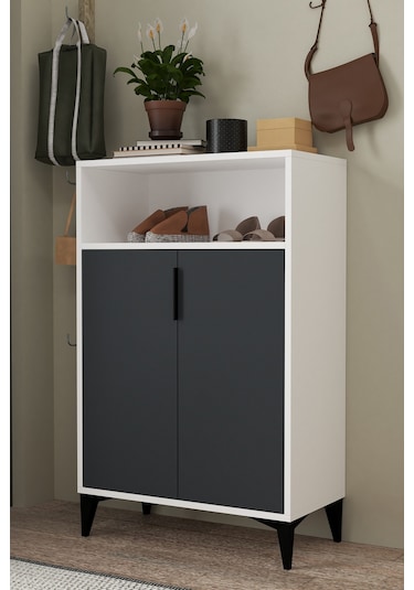 1202 Ada Ayakkabılık 4 Raflı 2 Kapaklı Çok Amaçlı Dolap Antrasit Beyaz Antrasit - Beyaz