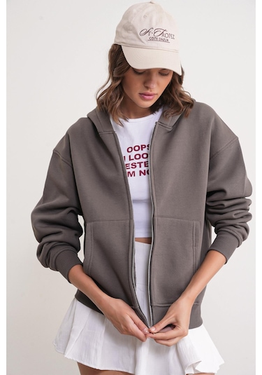 Mixray 2023 Unisex 3iplik Basic Polarlı Fermuarlı Sweatshirt Hoodie Antrasit