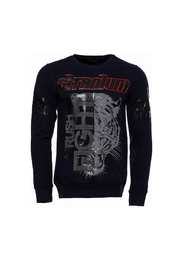 Lacivert Taşlı Baskılı Desenli Sweatshirt - Wessi Siyah