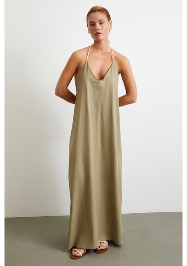 İp Askılı Keten Elbise Haki Haki