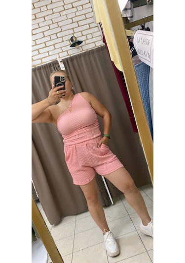 Gofre Beli Lastikli Şort Koyu Pembe