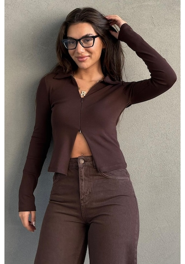 Kahverengi Polo Yaka Çift Fermuarlı Slim Fit Kadın Body Mg2652 Kahverengi