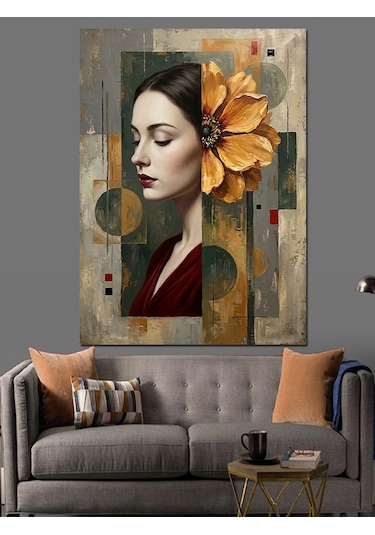 Çiçekli Yüz Maskeli Modern Kadın Dekoratif Kanvas - Mdf Ahşap Tablo