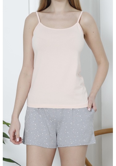 Kadın Şortlu Pijama Takımı İp Askılı Pamuklu Likralı Cepli Somon Nıc1073 R20 Somon