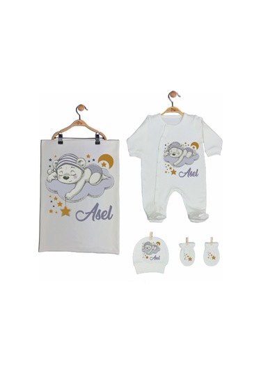 Pia Baby Gl 2002 İsme Özel Ayıcıklı Beşli Tulum Set Krem