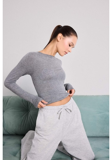 Defacto Modal Kaşmir Yumuşak Dokulu Kayık Yaka Uzun Kollu Üst-fall İn Love F2264ax25augr377 Gri