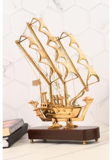 Pirinç Yelkenli Gemi Ahşap Kaideli Ev Ofis Dekorasyon 33cm