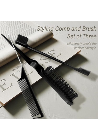 Kadınlar İçin 3 Parçalı Saç Şekillendirici Tarak Seti: Şekillendirici Fırça, Fare Kuyruğu Tarak, Kenar Fırçası - Tüm Saç Tipleri İçin Siyah Plastik Tarak Seti