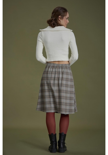 Bohem Tarz Kahve Gri Kareli Kloş Etek 001