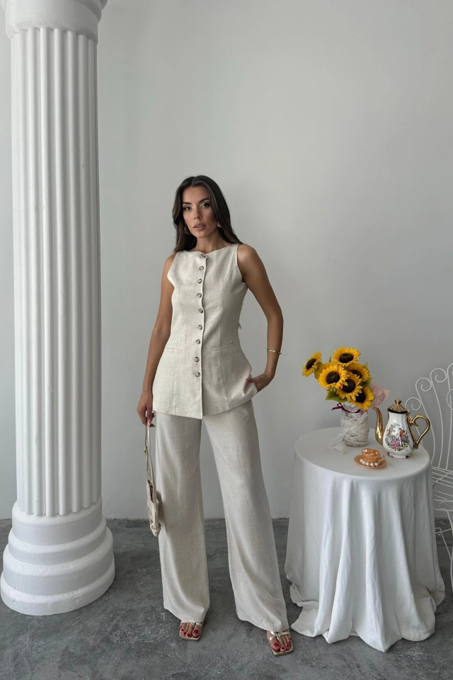S-pazarım Keten Yelek - Pantolon Takım - Taş Altın