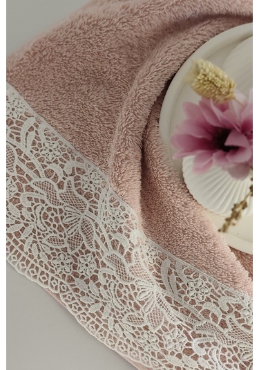 Gipür Dantelli Banyo Havlusu Takımı-%100 Pamuk Banyo Seti-gelin Havlusu Gulkurusu Gül Kurusu