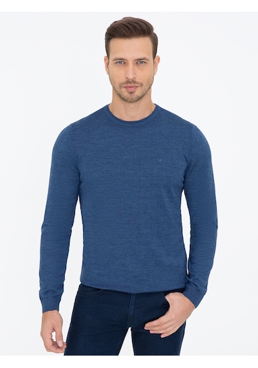 Cacharel İndigo Slim Fit Bisiklet Yaka Basic Triko Kazak Mavi