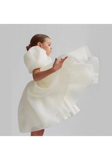 Balon Kollu Organze Tasarım Abiye - Kristal Tüllü Organze