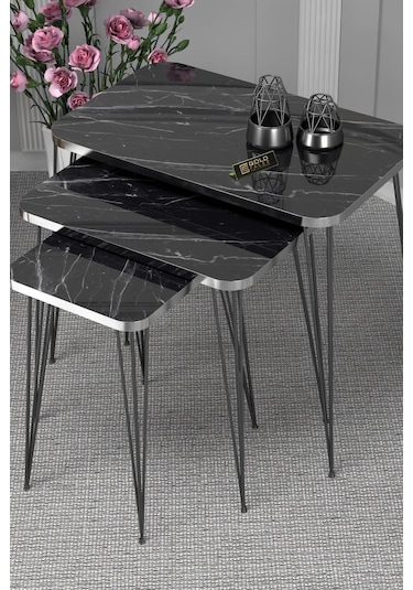 Zigon Sehpa Kr Gümüş Bendir Tel Siyah Ayak Siyah Mermer Desen