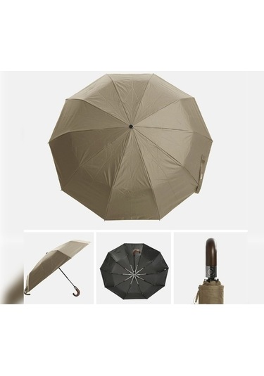 Ahşap Baston Saplı , Fermuarlı Kılıflı Tam Otomatik Şemsiye -bej Genel