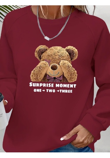 Leyla Sanat Sanata Yeni Bir Bakış Açısı Kadın Uzun Kollu Bisiklet Yaka Ayıcık Desenli Viskon Iki Iplik Bluz Bordo