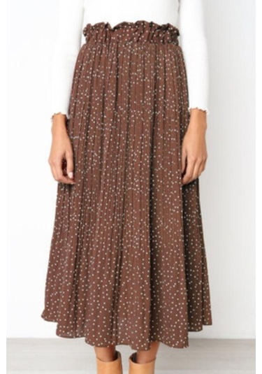 Kadın Yarım Vücut Etek Moda Puantiyeli Cepli Pileli Rüzgar Eteği Uzun Etek Kahverengi