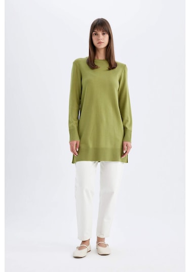 DeFacto Regular Fit Bisiklet Yaka Yırtmaçlı Basic Düz Triko Kazak Tunik H3431AZ24AUKH353 Haki