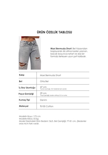 Itsbasic Kadın Kot Rengi 12s6-159 Straight Fit Maxi Bermuda Denim Şort Çok Renkli