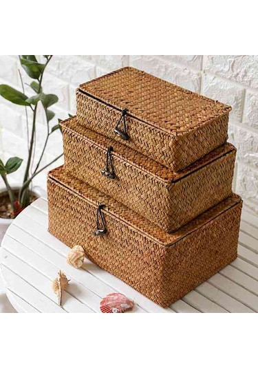 Kapaklı Dokuma Hasır Saklama Kutuları - 4'lü Set - Dikdörtgen Sepet Diğer