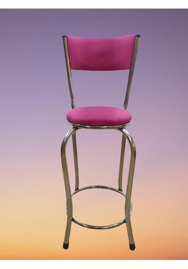 Sandalye BAR Tipi Yüksek Model  PEMBE FUŞYA 1 adet Metal Çelik nikelaj Suni deri döşeme El Yapım Pembe