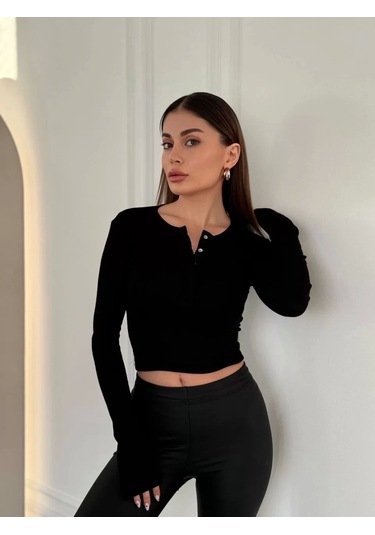 Cıt Cıt Detaylı Uzun Kollu Crop - Siyah Siyah