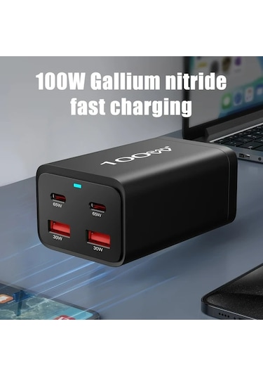 Motion003 100w Galiyum Nitrür Pd Şarj Cihazı Siyah 2 Usb-a 2 Tip-c Masaüstü Şarj Aleti 100w Çok Fonksiyonlu Pd Adaptörü Ab Fişli