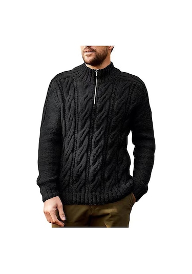 Sonbahar Ve Kış Yeni Düz Renk Fermuarlı Yarı Açık Yaka Uzun Kollu Erkek Kazağı Siyah