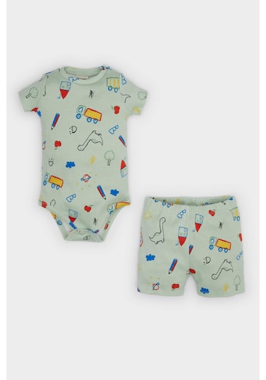 DeFacto Erkek Bebek 2'li Takım Dinazor Baskılı Kısa Kollu Fitilli Kaşkorse Çıtçıtlı Body Beli Lastikli Şort E8227A525SMGN1132 Yeşil
