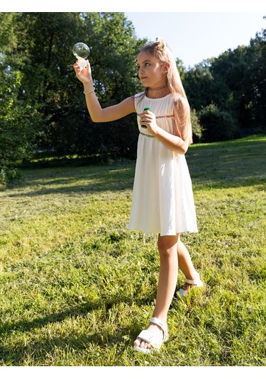 Sheshe Büzgülü Beyaz Kolsuz Kız Çocuk Elbise Renkli