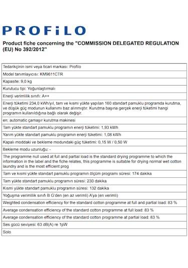 Profilo KM9611CTR 9 KG Isı Pompalı Çamaşır Kurutma Makinesi