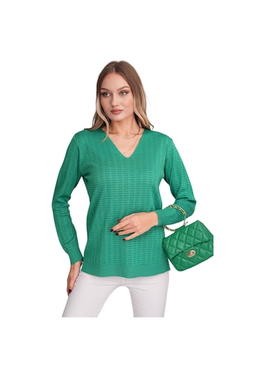 Kadın V Yaka Simli Kazak 12809 Bgl-st04106 Yeşil