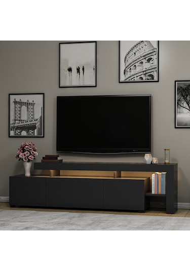 Beliz Modern LED Işıklı 3 Kapaklı, Raflı TV Sehpası – 192 cm, Antrasit
