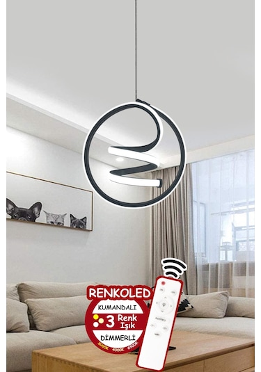 Renkoled Aydınlatma Kumandalı 3 Renk Modern Sarkıt Led Avize Siyah Kasa Siyah - Beyaz Işık