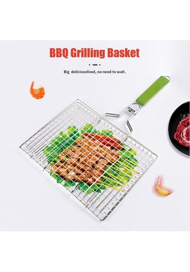 Pazly Üç Boyutlu Paslanmaz Çelik Izgara Ağı, Ahşap Saplı Balık Klipsi, Gümüş Yeşil Renk Gümüş