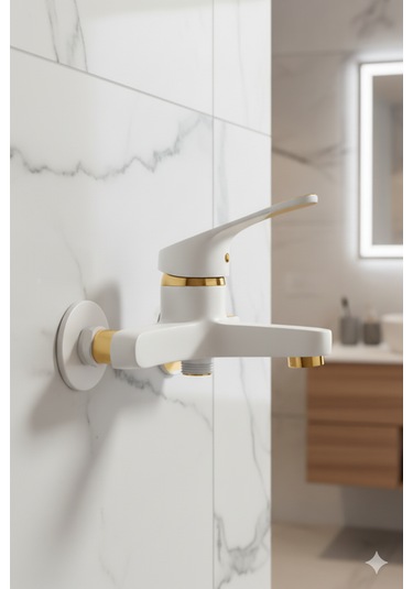 56623 Banyo Bataryası Duş Musluğu Musluk Armatür Siyah Beyaz Krom Gold Beyaz - Gold