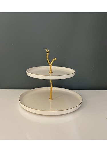 Tantitoni React Krem Rengi Gold Yaldızlı Seramik 2 Katlı Kurabiyelik 26 Cm