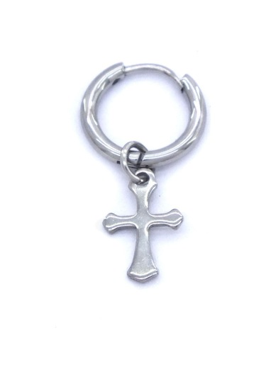 FerizZ 316L Çelik Unisex Tek Haç Küpe UNK-479 Beyaz
