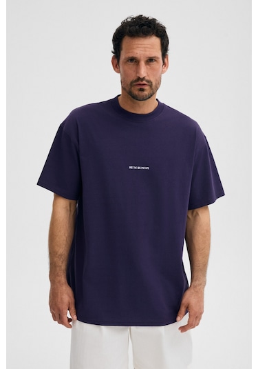 Grimelange Rıver Erkek Oversize Fit Bol Kesim Nakış İşlemeli Basic Örme Koyu Mor T-shirt