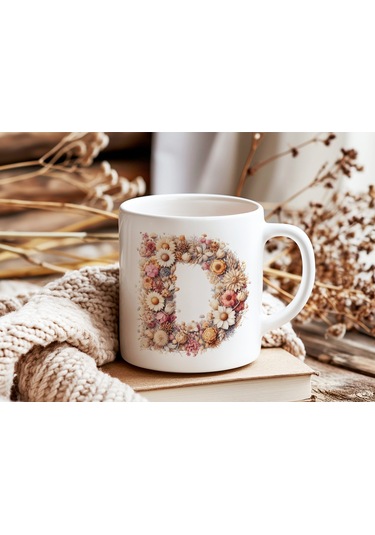 D Harfi Çiçek Desenli Kupa Bardak - Alfabe Harfleri İle Doğal Çiçekli Kupa - Hediye Fikir Beyaz