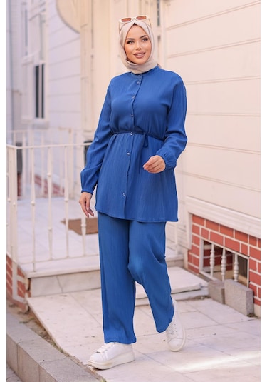 Hakim Yaka Detaylı Tesettür İndigo Takım I Ndigo