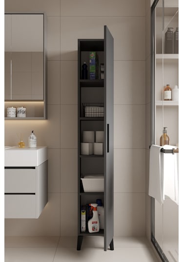 Mundo Tek Kapılı Banyo Dolabı Çok Amaçlı Dolap - Antrasit Antrasit