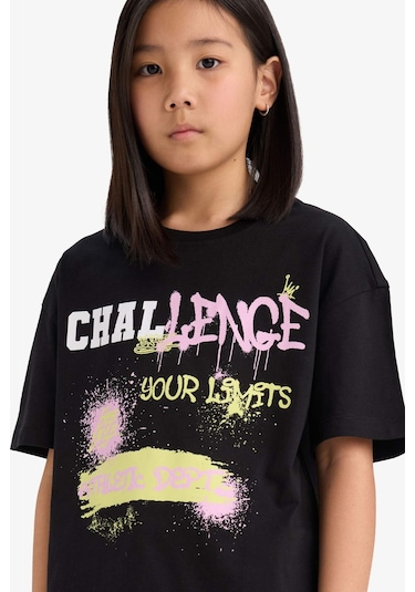 Defacto Kız Çocuk Oversize Geniş Kalıp Bisiklet Yaka Baskılı Kısa Kollu Tişört E0386a825smbk81 Siyah
