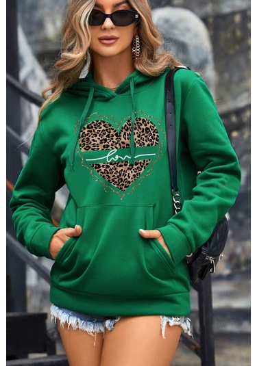 Kalp Baskılı Oversize Sweatshirt Yeşil