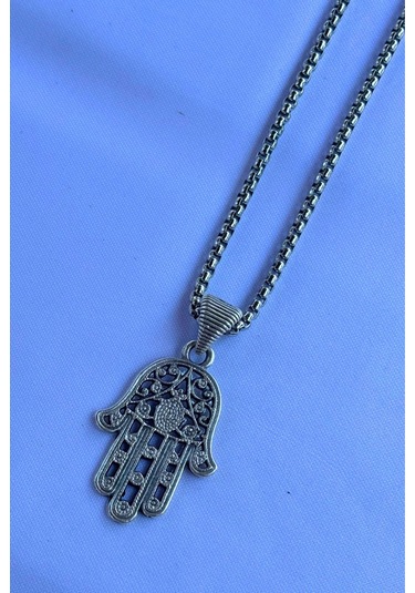 Fatma Ana Eli Desenli El İşçiliği Paslanmaz Çelik Zincir Erkek Kolye Gümüş