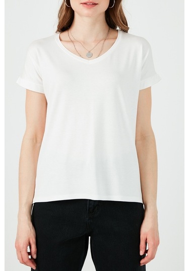 Lela V Yaka Rahat Kesim Yırtmaçlı Bayan Bluz 5862000 Ekru