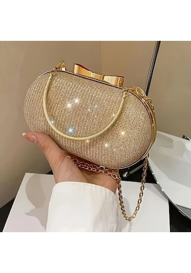 Willowhaven Siyah Parlak Klaket Çanta Kadın Gece Çantası Dayanıklı Altın Zincirli Siyah