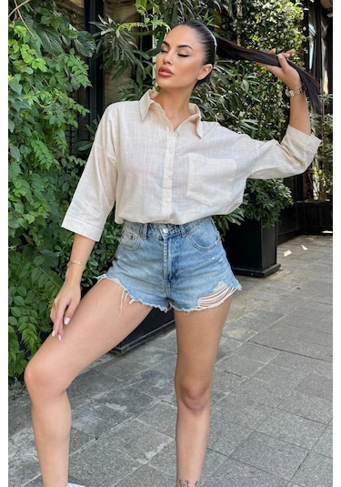 Kadın Bej Truvakar Kol, Oval Kesim, Terletmez, Flamlı Keten Salaş Gömlek Taş