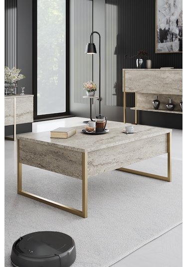 Luxe Gold Demir Ayaklı Traverten Orta Sehpa Traverten - Gold