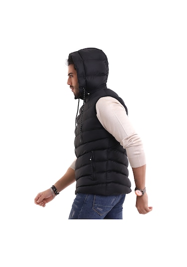 Everest Jel Dolgu Çıkartılabilen Fermuarlı Kapüşonlu Erkek Şişme Yelek Siyah